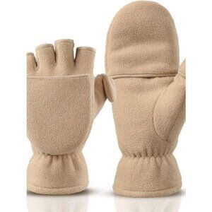 ⚡Women Beige Winter Fingerless Convertible Thermal Polar Fleece Mittens Gloves